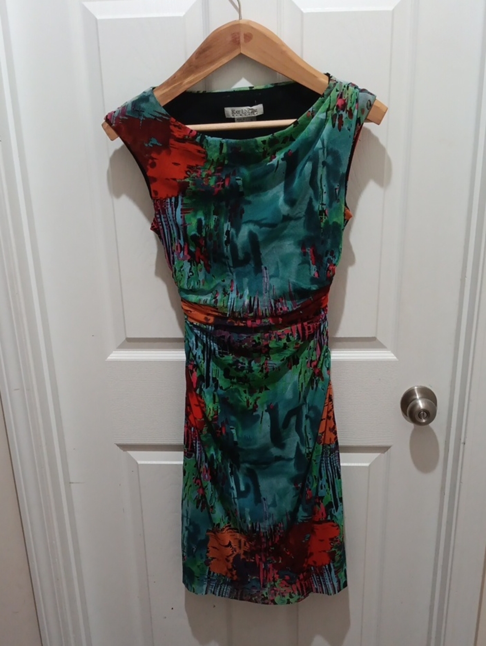Kay Unger Teal, Red, & Orange Abstract Cap-Sleeve Midi Dress